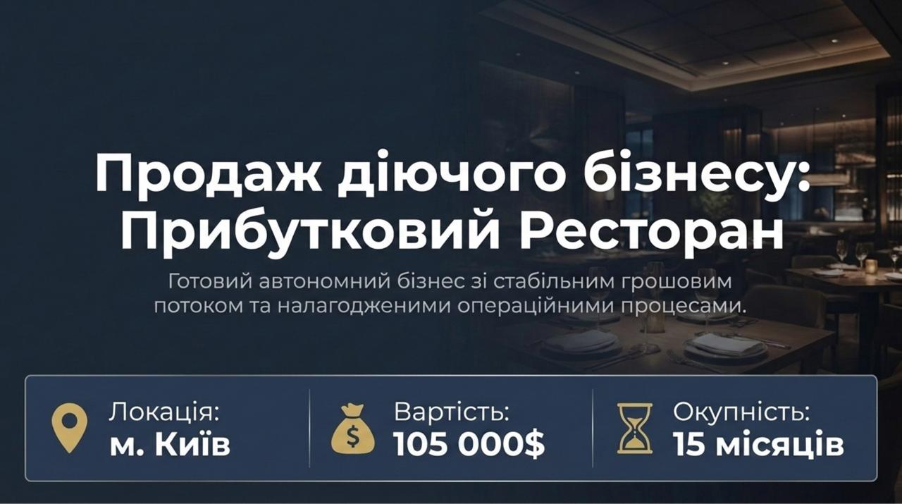 Продається готовий бізнес — Ресторан у Києві. Команда 44 співробітників. Чистий прибуток 308,330 грн/міс. Окупність 15 міс. Ціна: $105,000