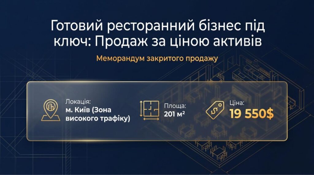 Продається готовий бізнес — Ресторан у Києві за вартістю активів. Команда 14 співробітників. Можливе розтермінування. Ціна: $19,550