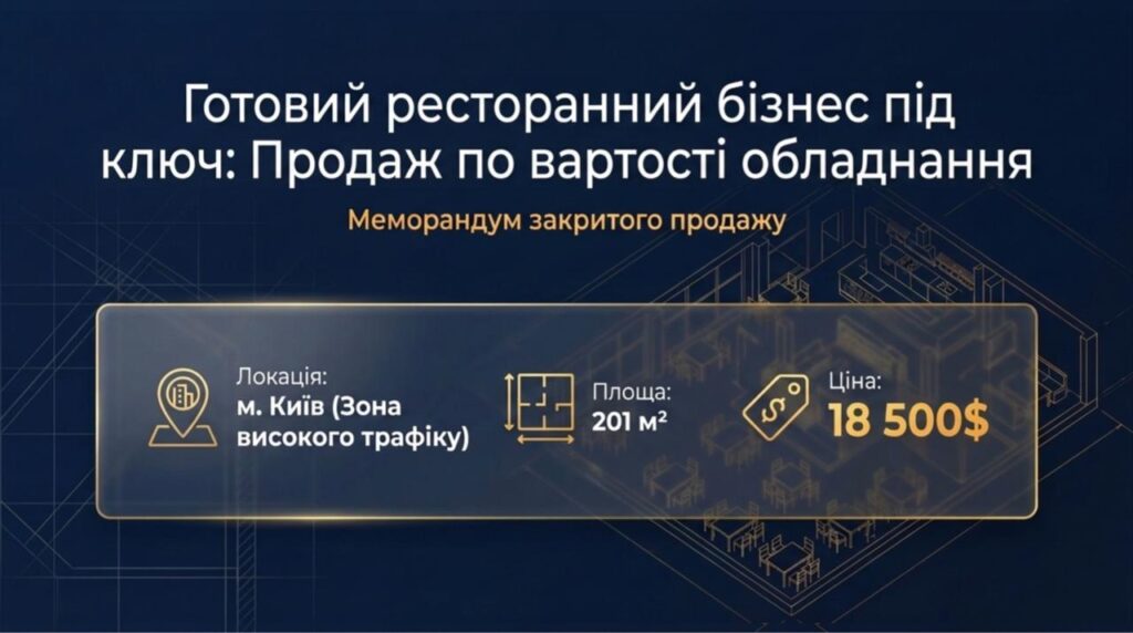 Продається готовий бізнес — Ресторан у Києві за вартістю активів. Команда 14 співробітників. Можливе розтермінування. Ціна: $18,500