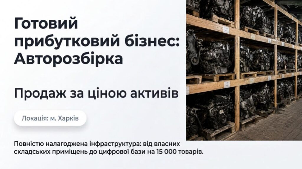 Продається готовий бізнес - Авторозбірка у Харкові. Команда 3 співробітників. Чистий прибуток 276 359 грн/міс. Окупність 2,7 роки. Ціна: $200,000