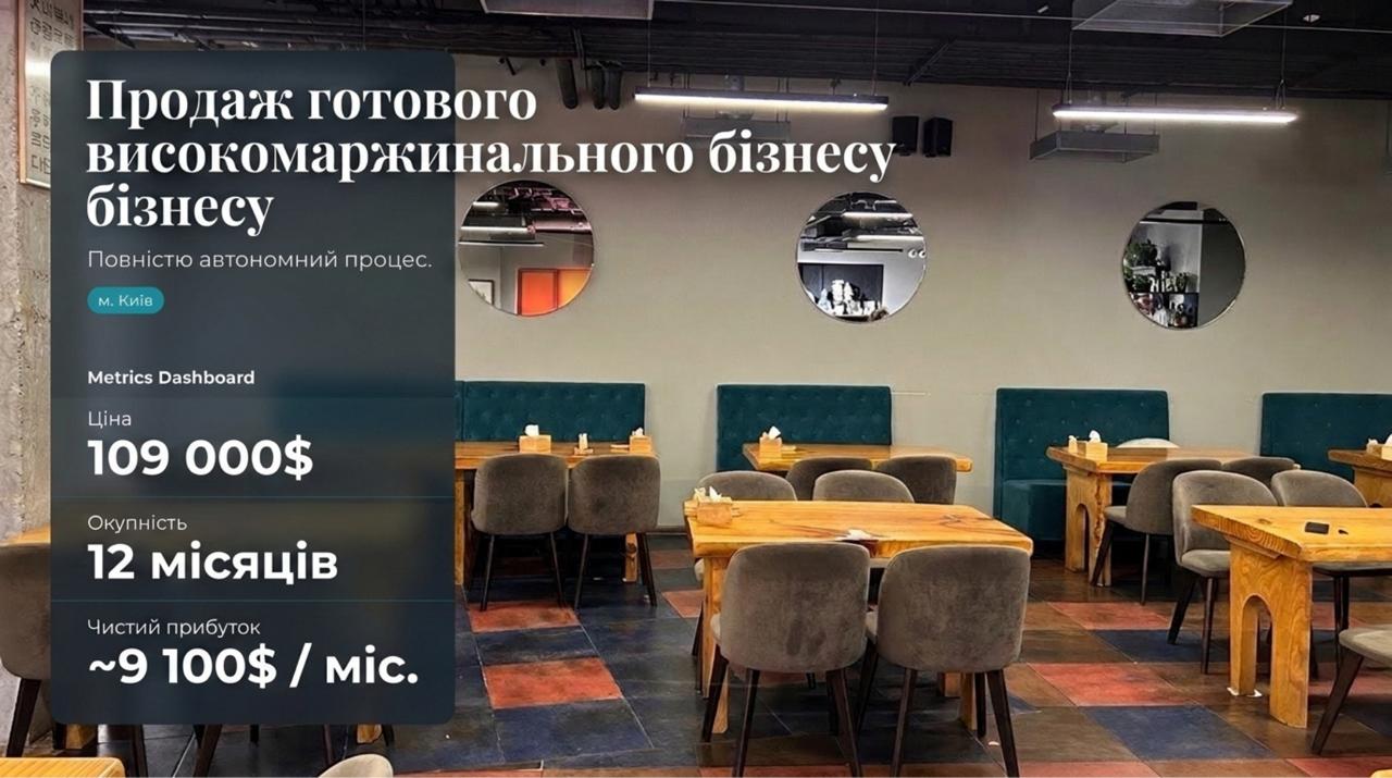 Продається готовий бізнес — Ресторан азійської кухні у Києві. Команда 19 співробітників. Чистий прибуток 408,132 грн/міс. Окупність 12 міс. Ціна: $109,000