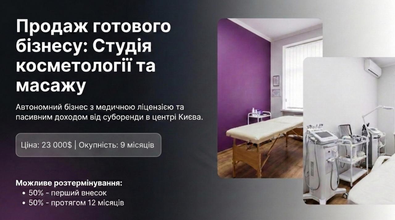 Продається бізнес — Студія косметології та масажу у Києві. Команда 3 співробітників. Чистий прибуток 119 939 грн/міс. Окупність 9 міс. Ціна: $23,000