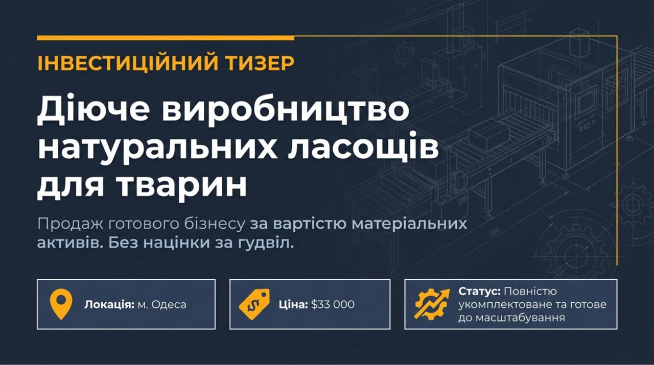 Продається готовий бізнес — Виробництво корму для тварин в Одесі за ціною активів. Приміщення: 60 кв. м. Команда 2 співробітників. Ціна: $33,000
