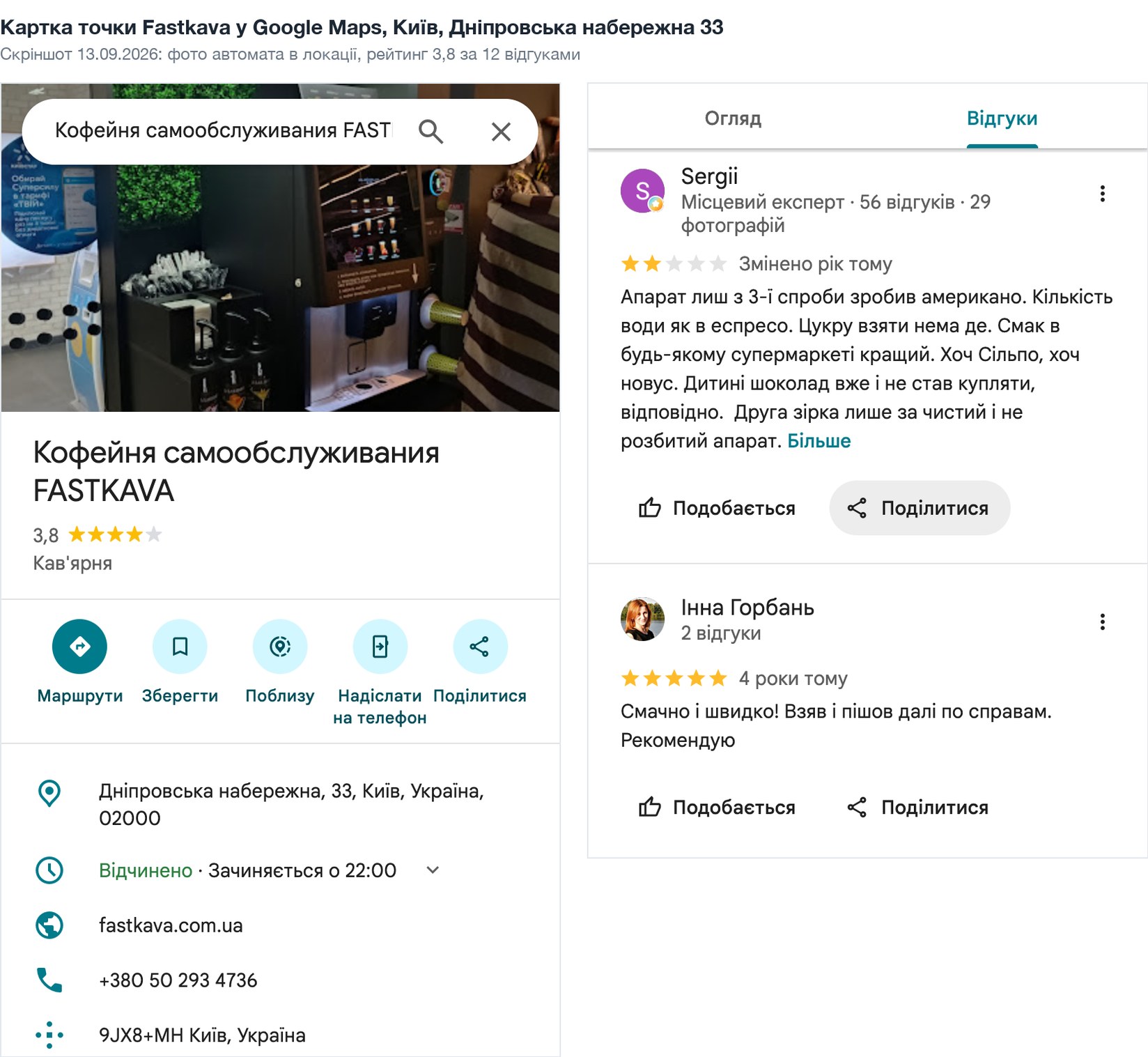 Картка точки Fastkava у Google Maps з рейтингом 3,8 і відгуком покупниці франшизи