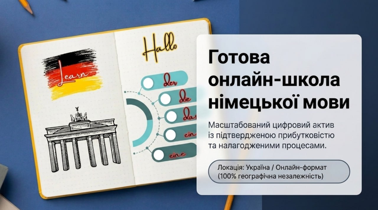 Продається готовий бізнес — Онлайн школа німецької мови. Команда 7 співробітників. Чистий прибуток 123,815 грн/міс. Окупність 18 міс. Ціна: $50,000