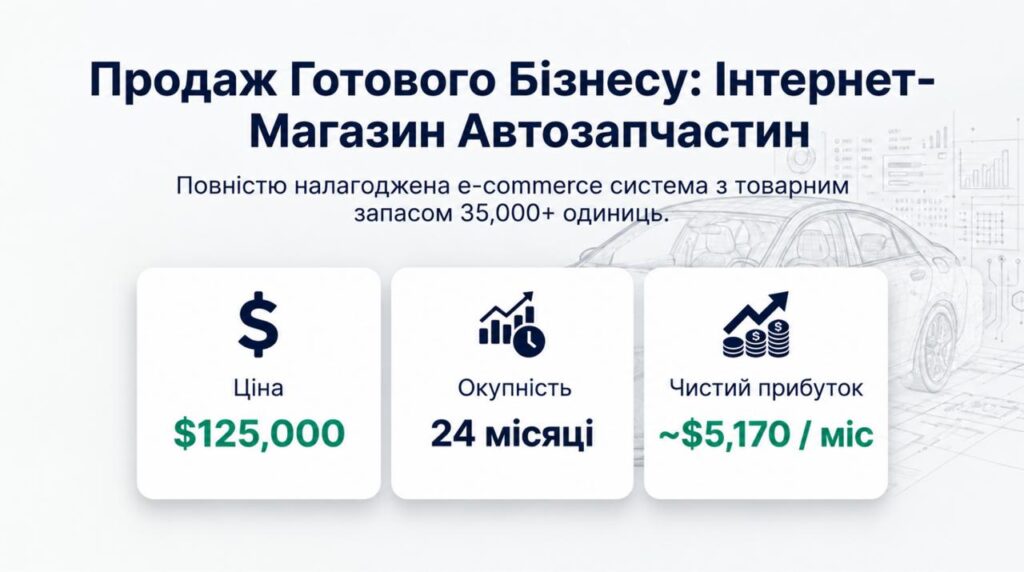 Продається готовий бізнес - Інтернет магазин автозапчастин. Команда 3 співробітників. Чистий прибуток 233,204 грн/міс. Окупність 24 міс. Ціна: $125,000