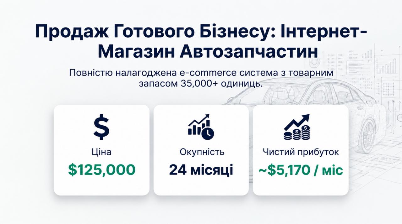 Продається готовий бізнес - Інтернет магазин автозапчастин. Команда 3 співробітників. Чистий прибуток 233,204 грн/міс. Окупність 24 міс. Ціна: $125,000
