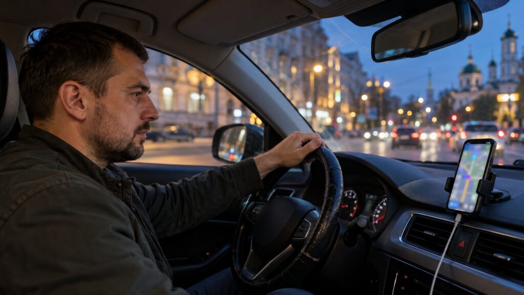 Водій таксі в авто ввечері дивиться маршрут замовлення у смартфоні на тримачі
