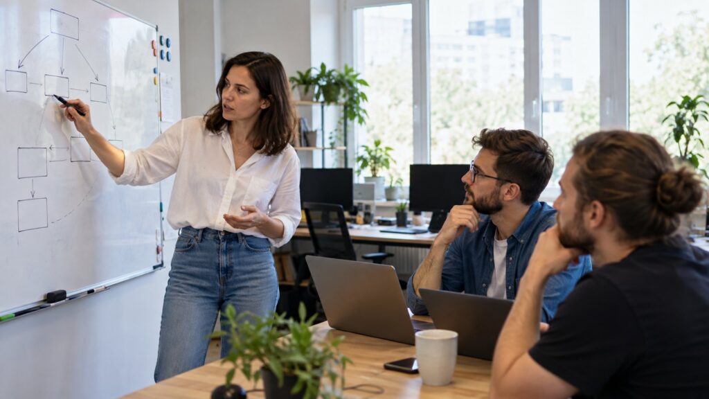 Засновниця IT-компанії пояснює розробникам структуру команди біля дошки в офісі